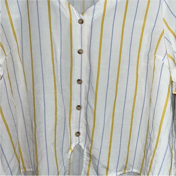 Hem & Thread White Vertical Yellow & Blue Stripe Button Tie Front Blouse - Picture 4 of 5